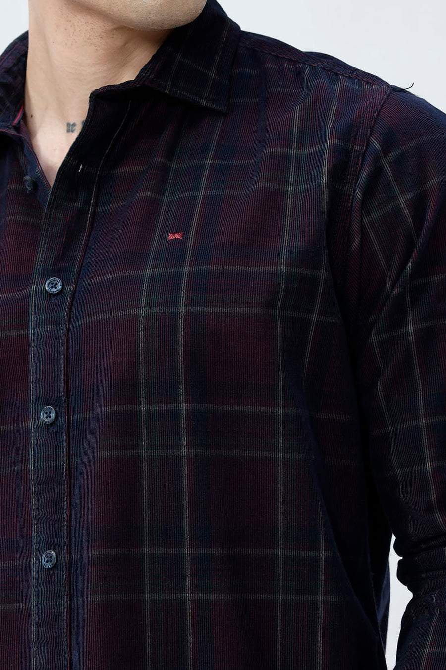 BASICS SLIM FIT NAVY ECLIPSE COTTON CORDUROY CHECKS SHIRT