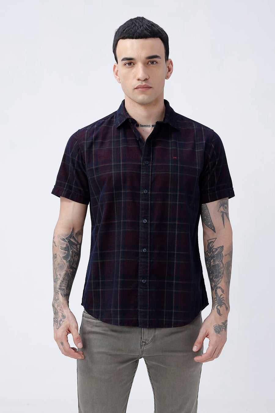 BASICS SLIM FIT NAVY ECLIPSE COTTON CORDUROY CHECKS HALFSLEEVES SHIRT