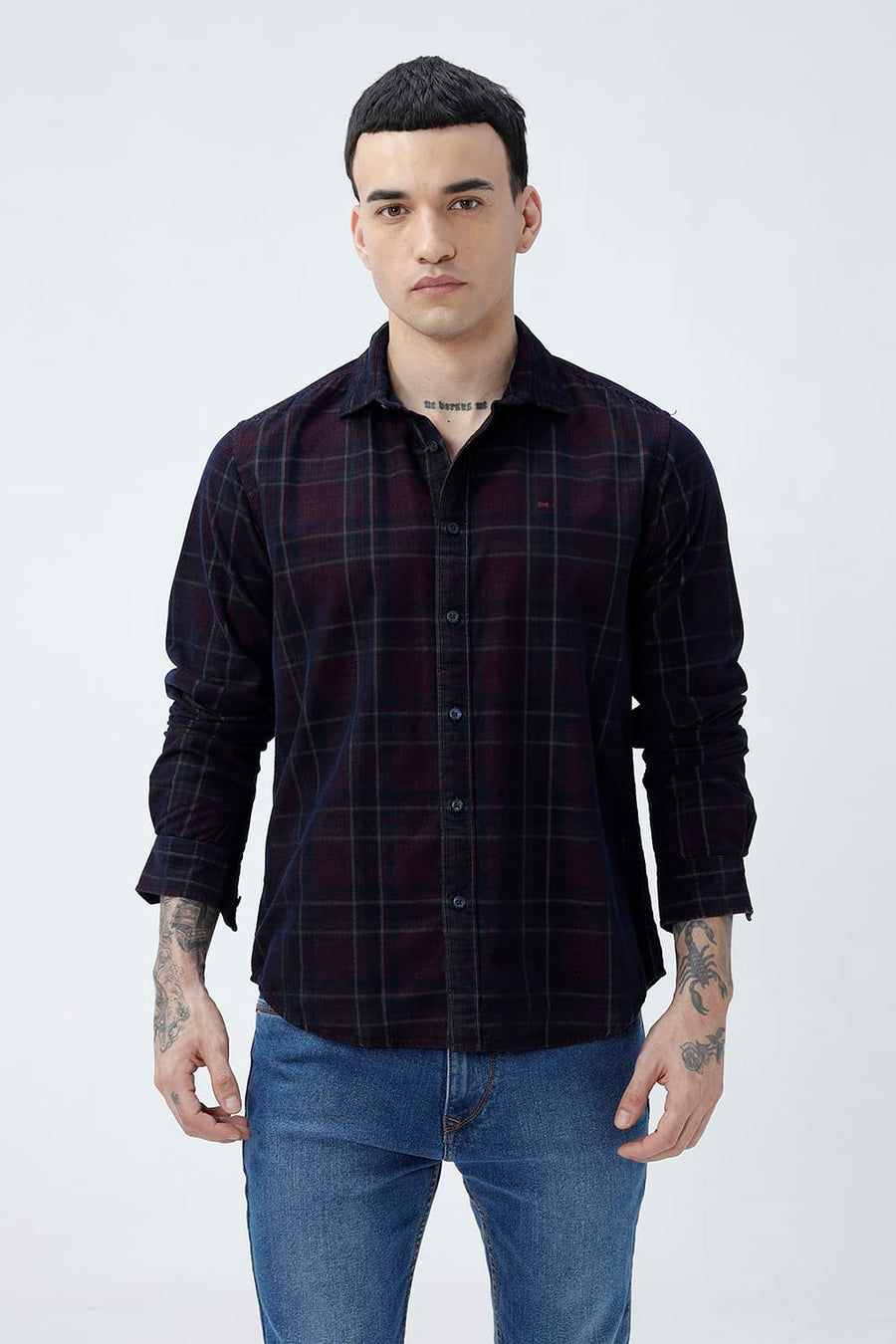 BASICS SLIM FIT NAVY ECLIPSE COTTON CORDUROY CHECKS SHIRT