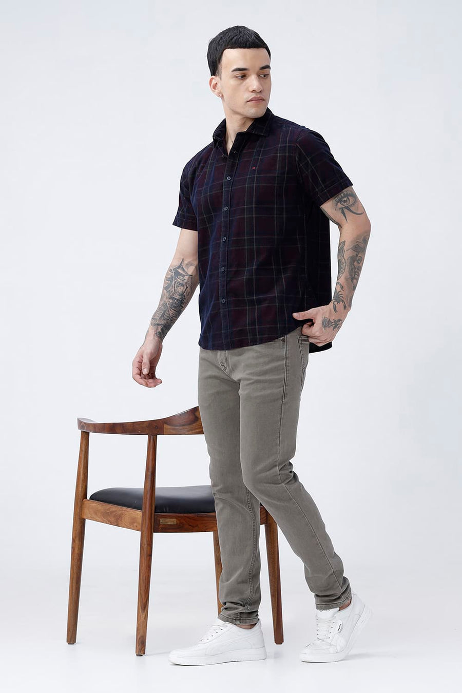 BASICS SLIM FIT NAVY ECLIPSE COTTON CORDUROY CHECKS HALFSLEEVES SHIRT