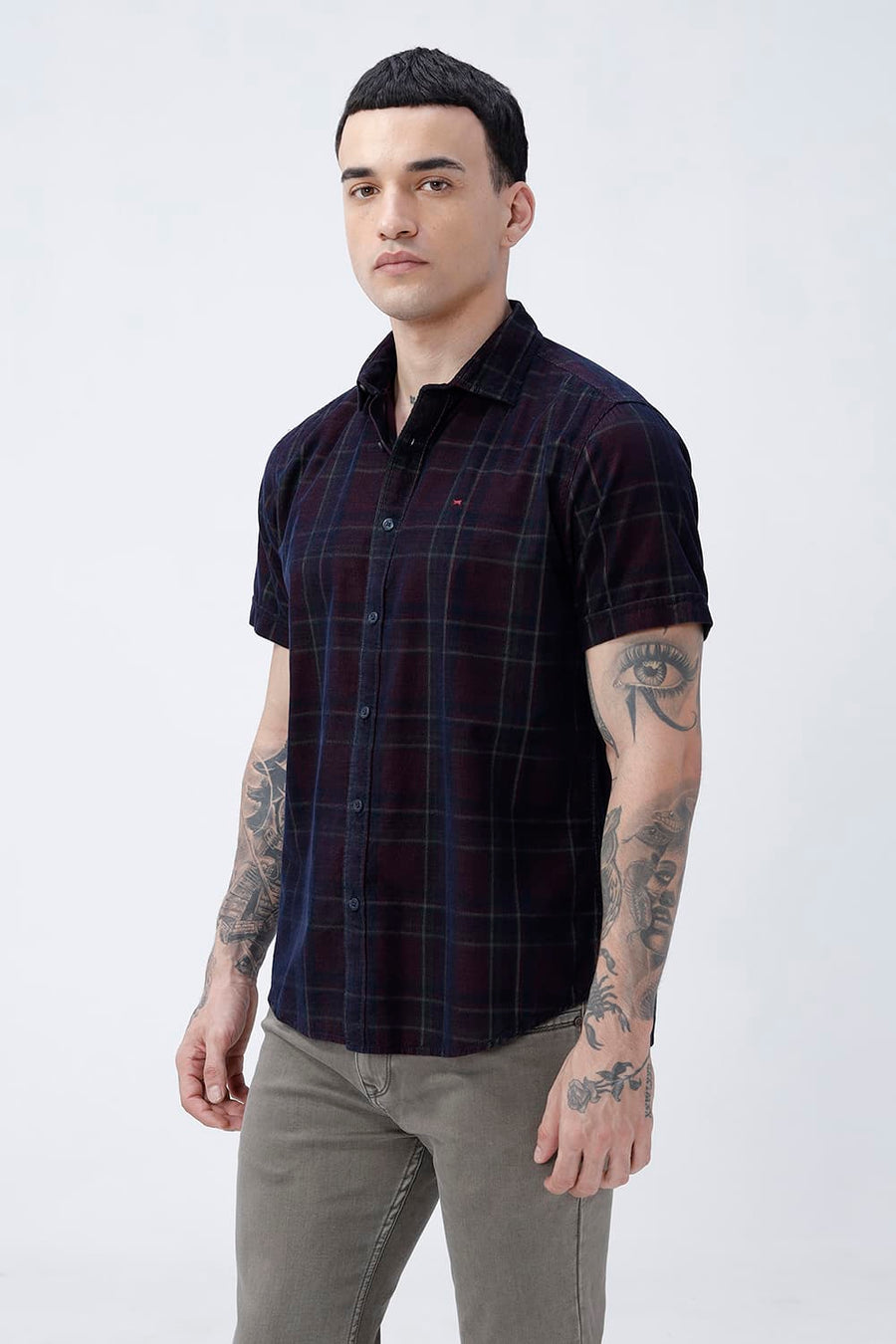 BASICS SLIM FIT NAVY ECLIPSE COTTON CORDUROY CHECKS HALFSLEEVES SHIRT