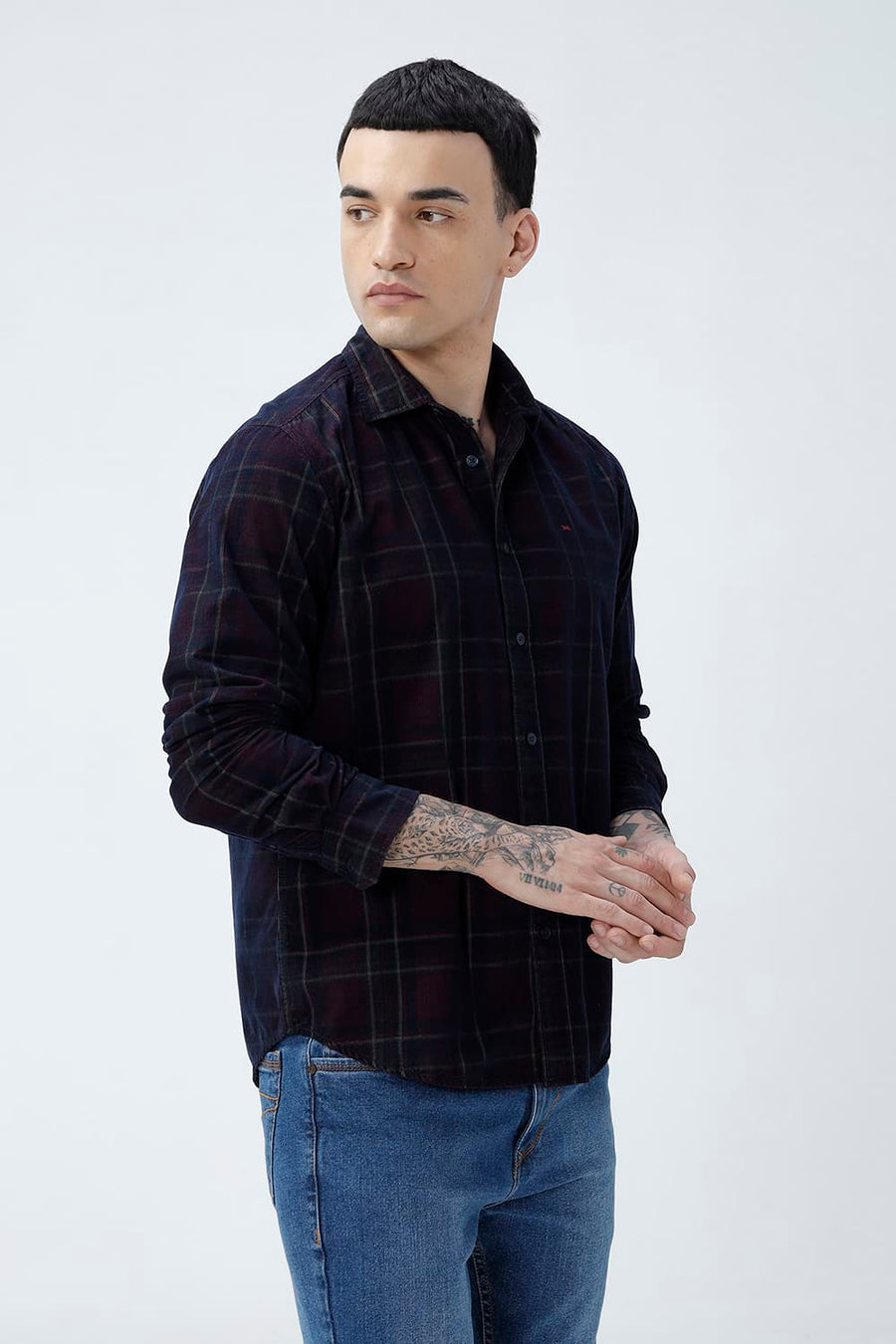 BASICS SLIM FIT NAVY ECLIPSE COTTON CORDUROY CHECKS SHIRT