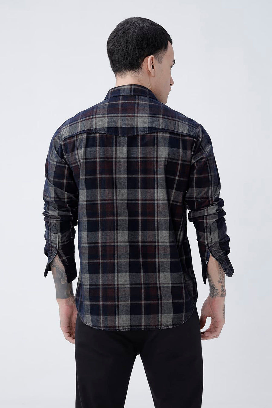 BASICS SLIM FIT NAVY ECLIPSE COTTON CORDUROY CHECKS SHIRT