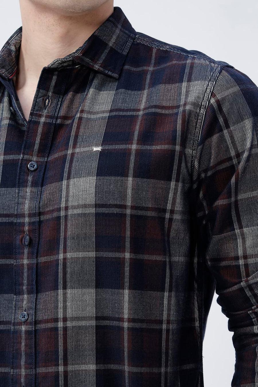 BASICS SLIM FIT NAVY ECLIPSE COTTON CORDUROY CHECKS SHIRT