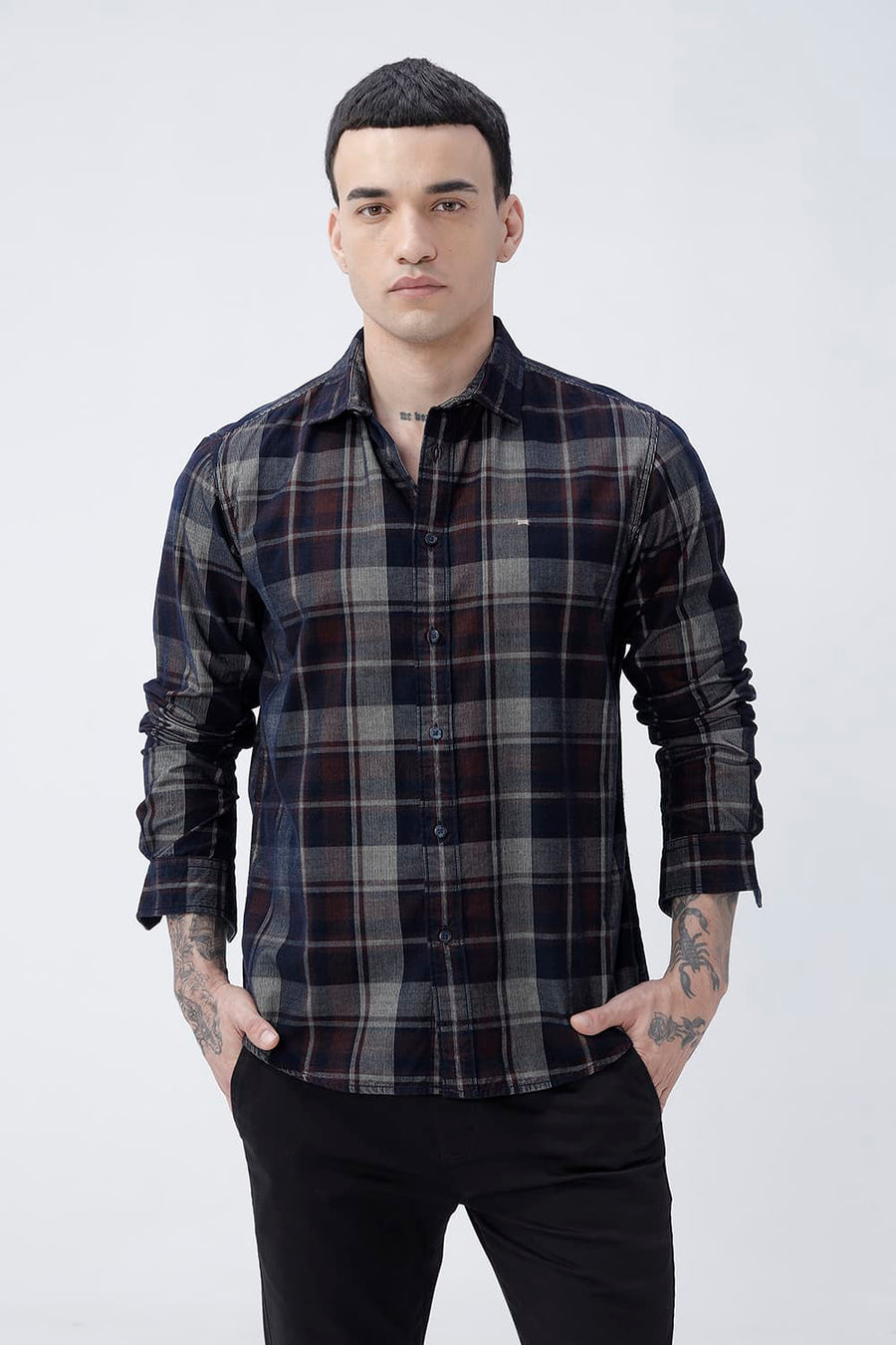 BASICS SLIM FIT NAVY ECLIPSE COTTON CORDUROY CHECKS SHIRT