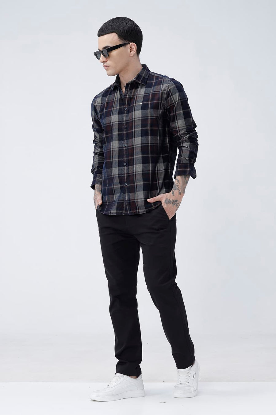BASICS SLIM FIT NAVY ECLIPSE COTTON CORDUROY CHECKS SHIRT