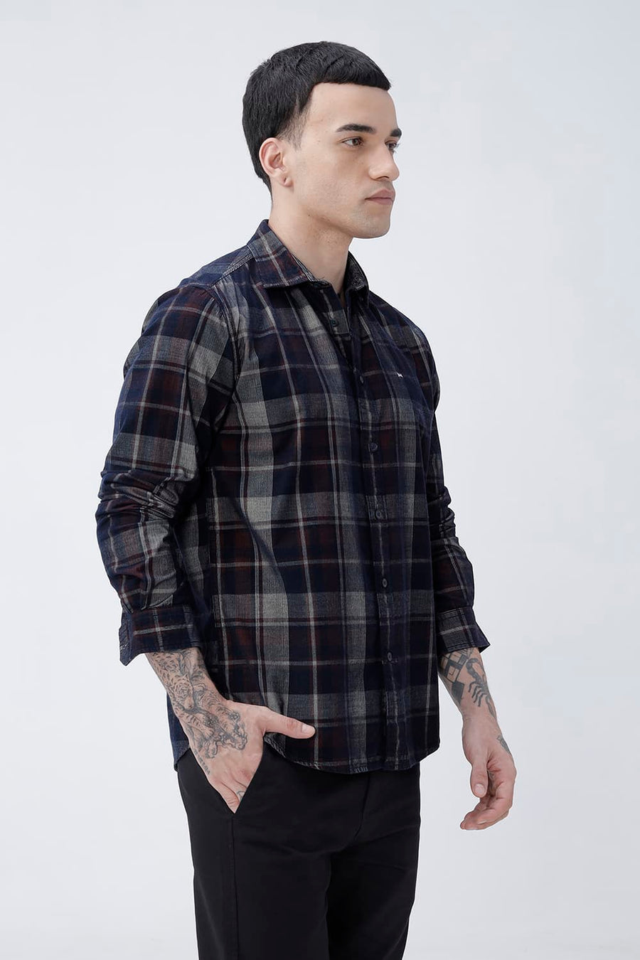 BASICS SLIM FIT NAVY ECLIPSE COTTON CORDUROY CHECKS SHIRT