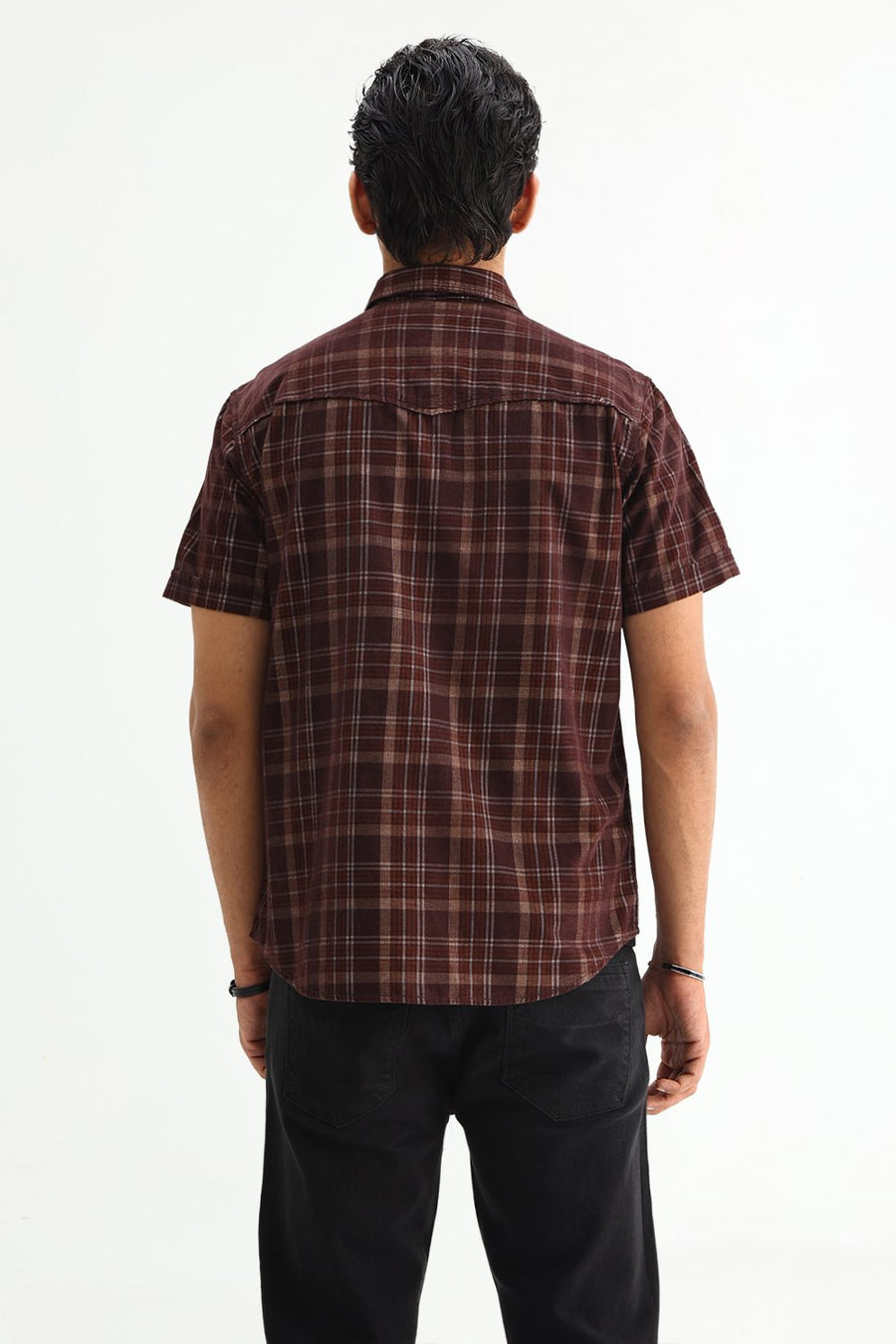 BASICS SLIM FIT POT BROWN COTTON CORDUROY CHECKS SHIRT