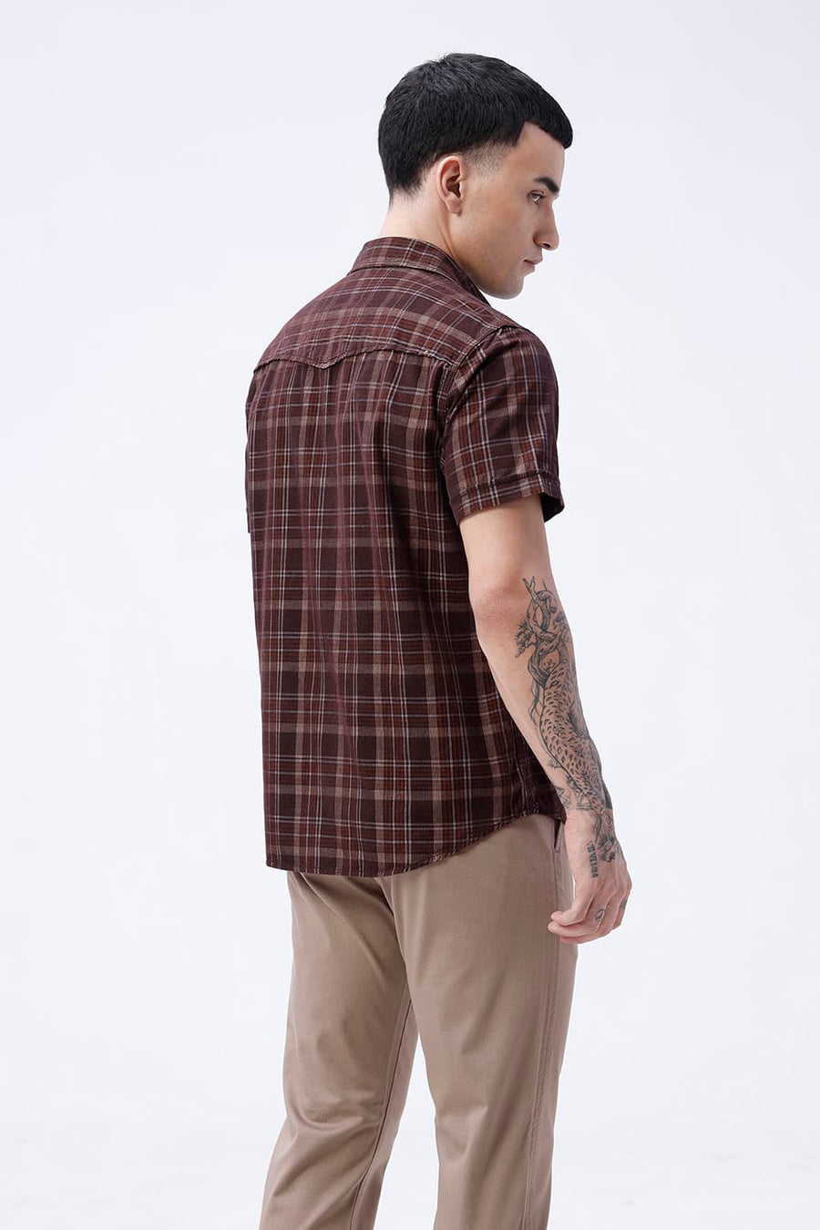 BASICS SLIM FIT POT BROWN COTTON CORDUROY CHECKS HALFSLEEVES SHIRT