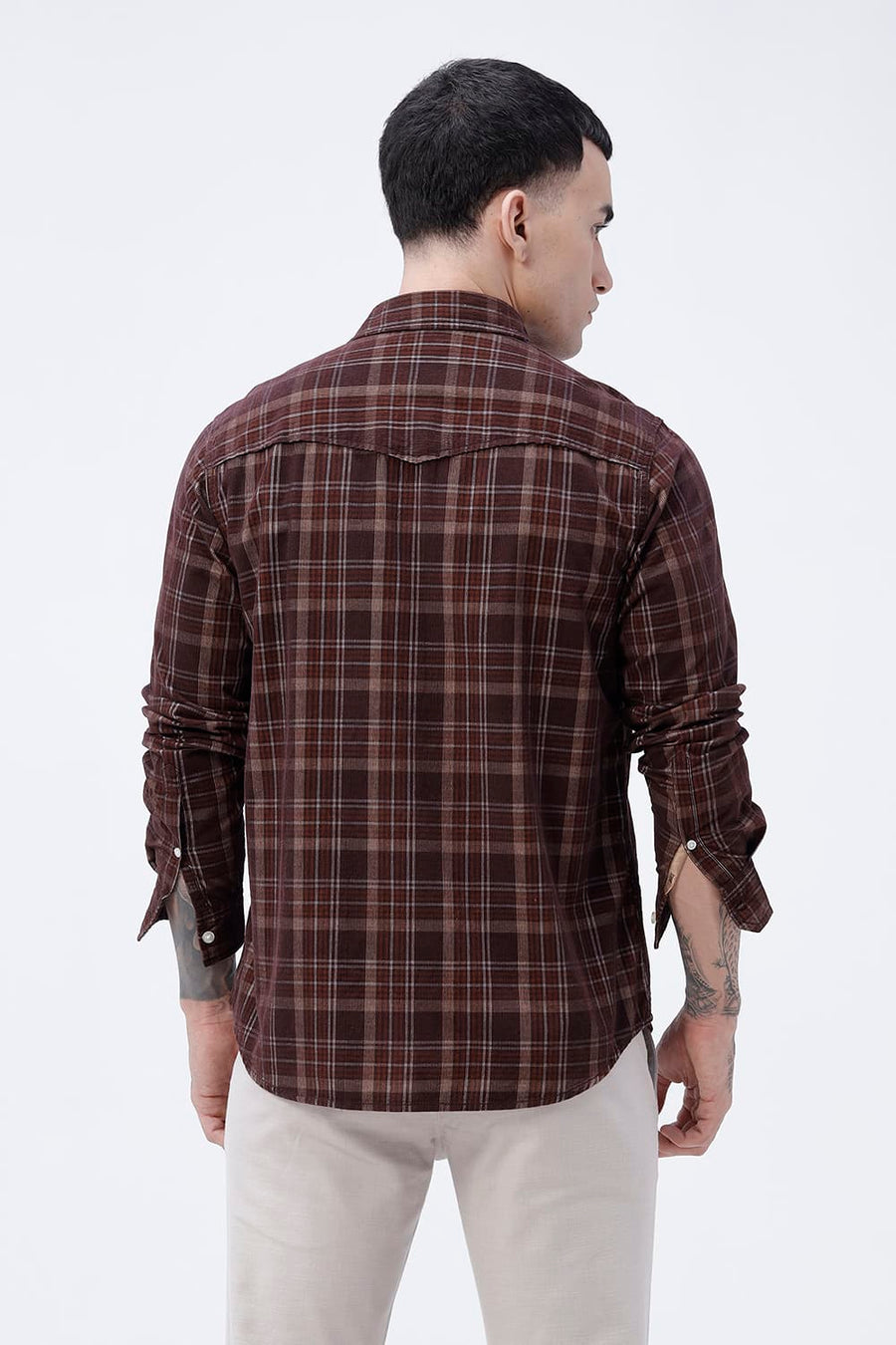 BASICS SLIM FIT POT BROWN COTTON CORDUROY CHECKS SHIRT