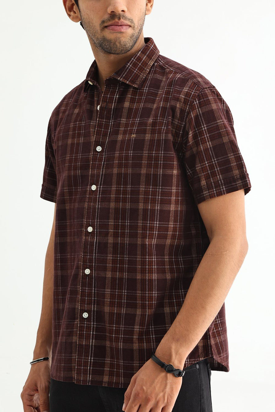 BASICS SLIM FIT POT BROWN COTTON CORDUROY CHECKS SHIRT