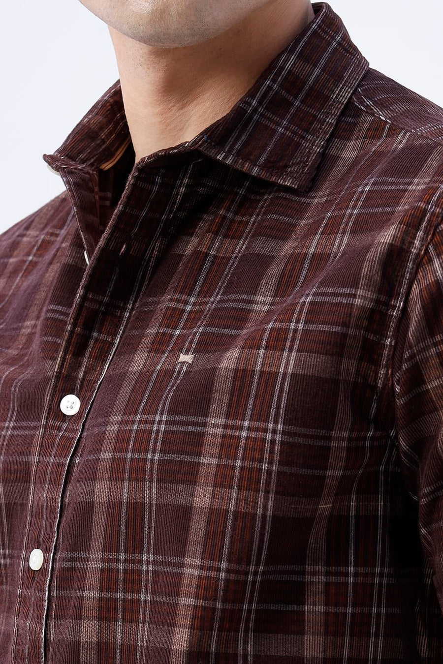 BASICS SLIM FIT POT BROWN COTTON CORDUROY CHECKS HALFSLEEVES SHIRT