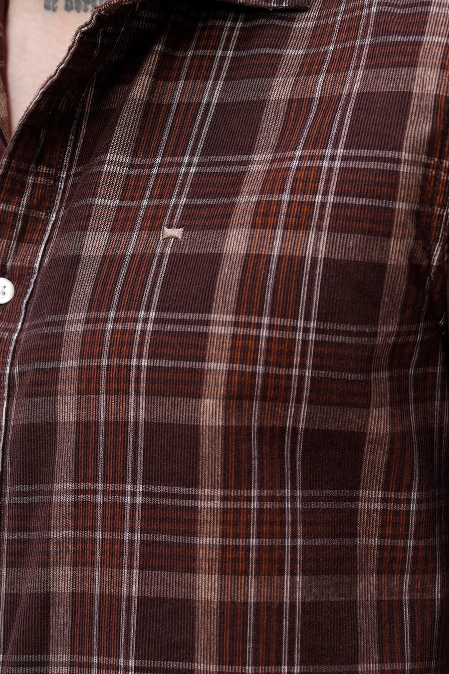 BASICS SLIM FIT POT BROWN COTTON CORDUROY CHECKS SHIRT