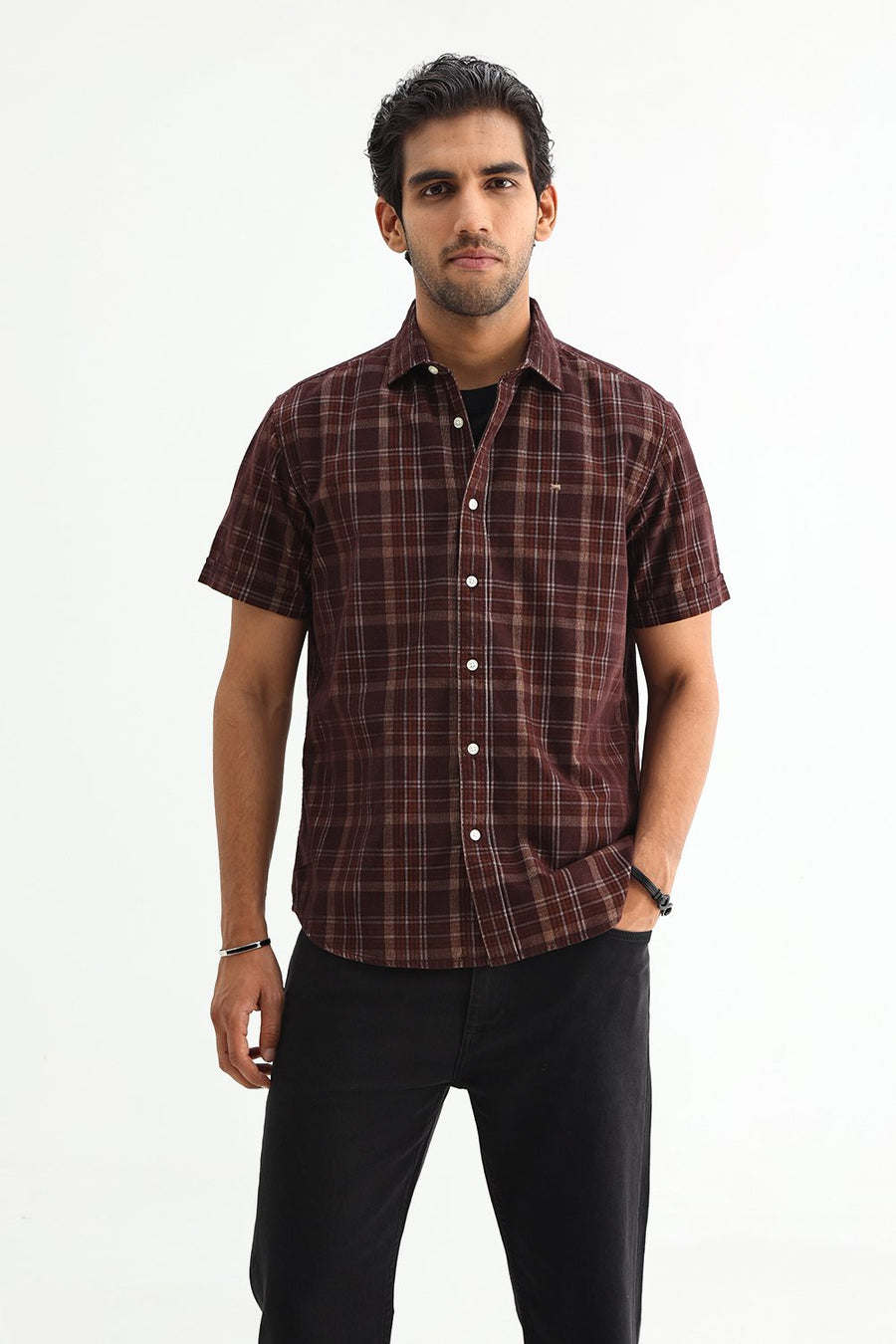 BASICS SLIM FIT POT BROWN COTTON CORDUROY CHECKS SHIRT