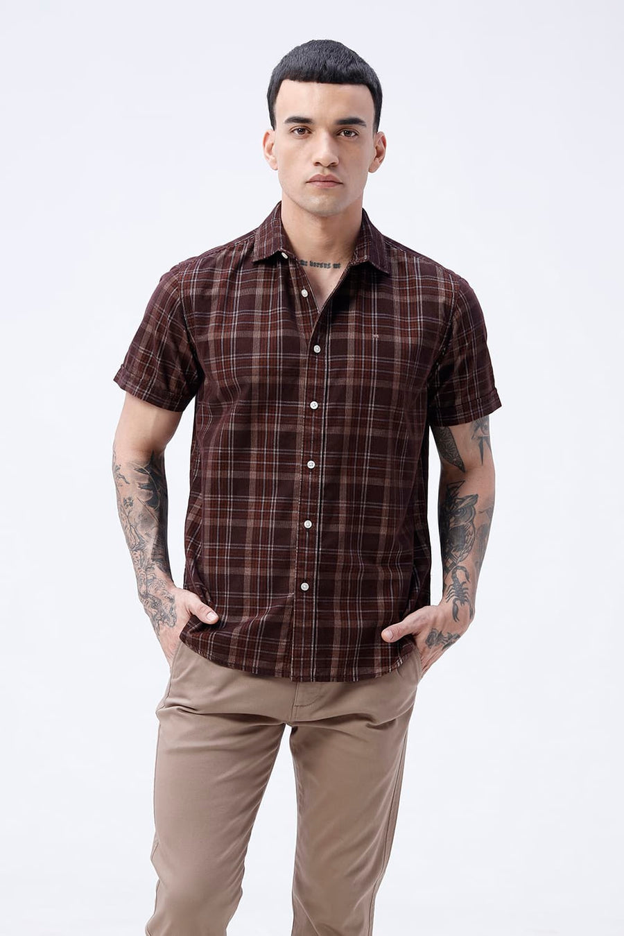 BASICS SLIM FIT POT BROWN COTTON CORDUROY CHECKS HALFSLEEVES SHIRT