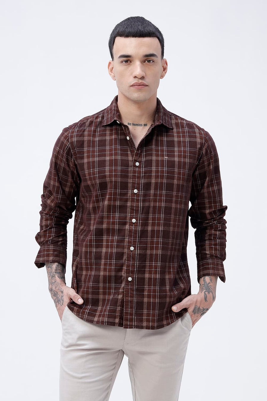 BASICS SLIM FIT POT BROWN COTTON CORDUROY CHECKS SHIRT