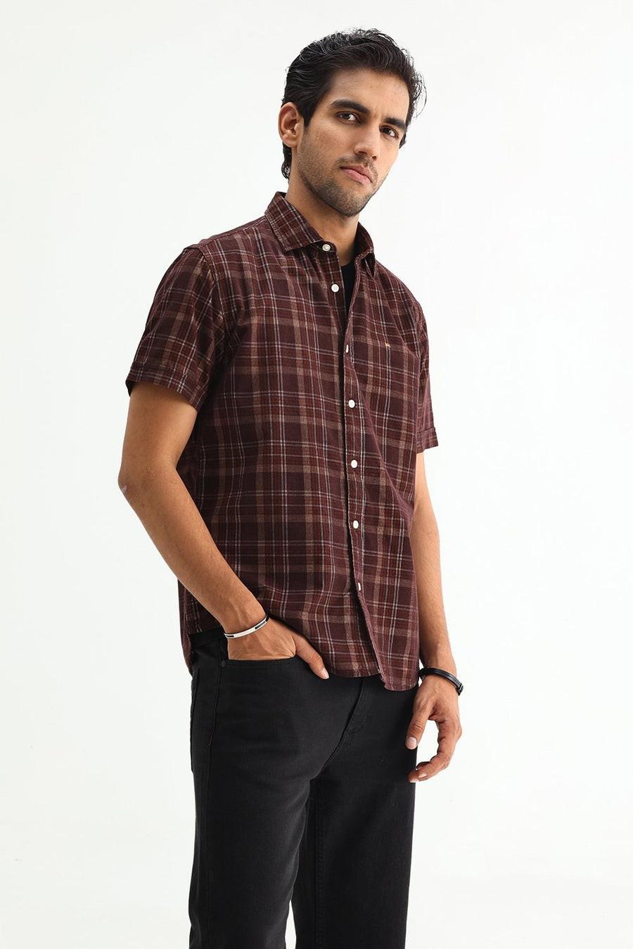BASICS SLIM FIT POT BROWN COTTON CORDUROY CHECKS SHIRT
