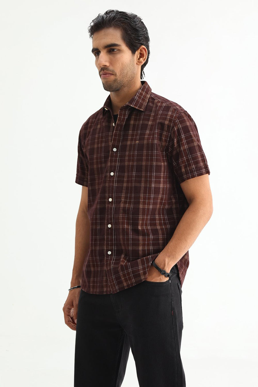 BASICS SLIM FIT POT BROWN COTTON CORDUROY CHECKS SHIRT
