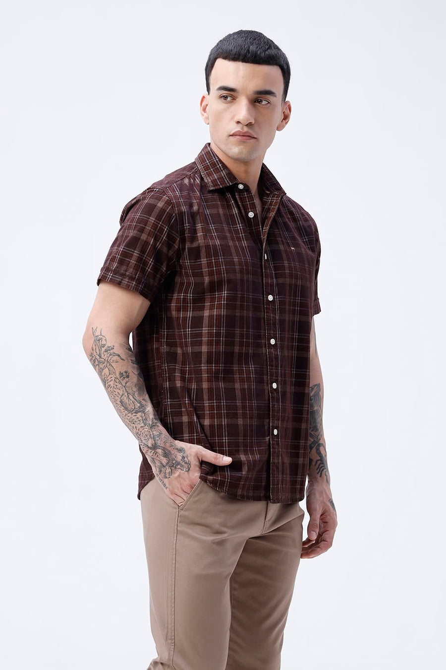 BASICS SLIM FIT POT BROWN COTTON CORDUROY CHECKS HALFSLEEVES SHIRT