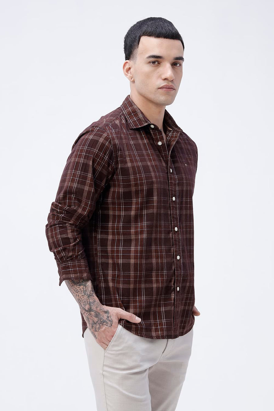 BASICS SLIM FIT POT BROWN COTTON CORDUROY CHECKS SHIRT