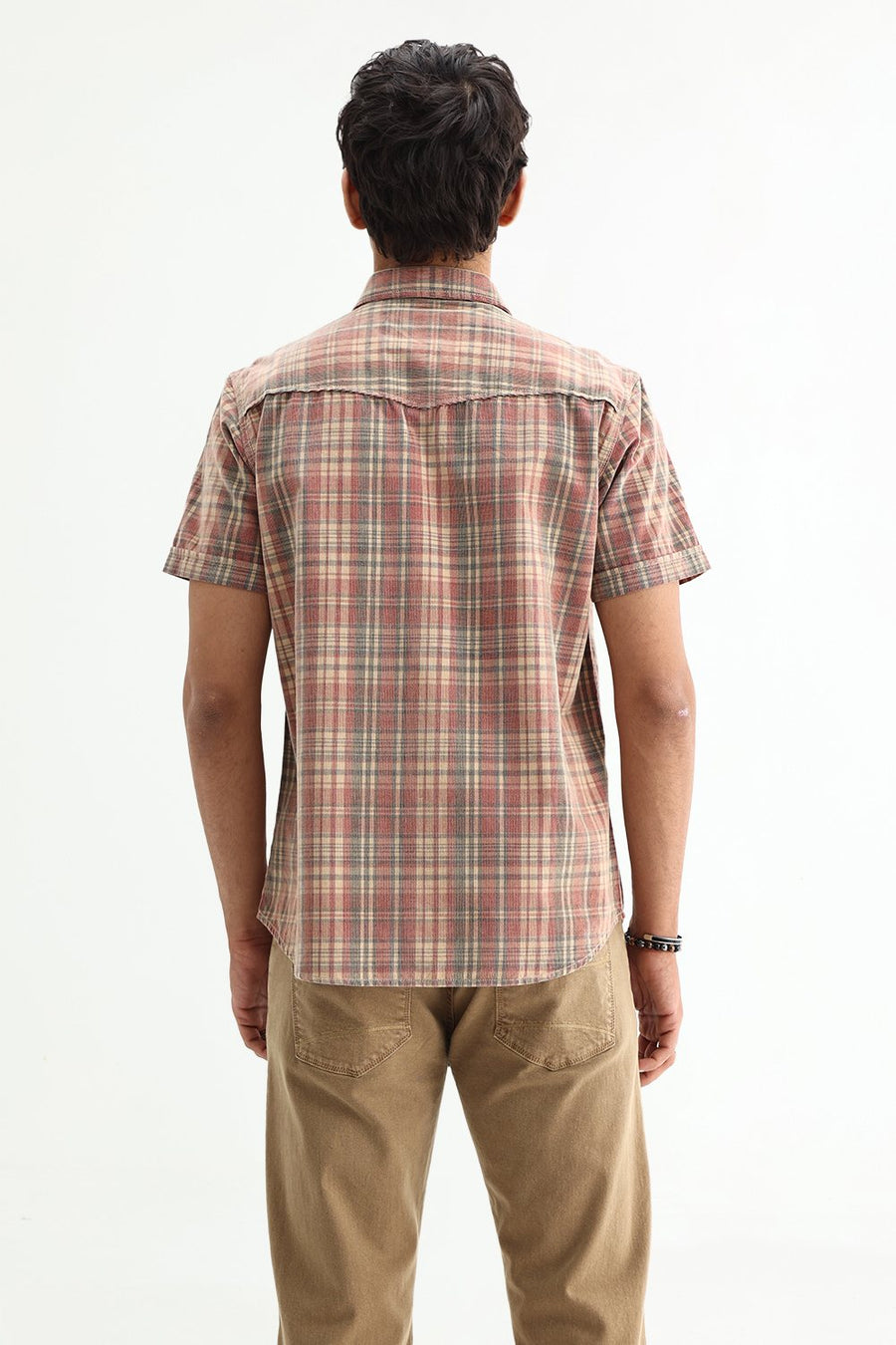 BASICS SLIM FIT SALSA BEIGE COTTON CORDUROY CHECKS SHIRT