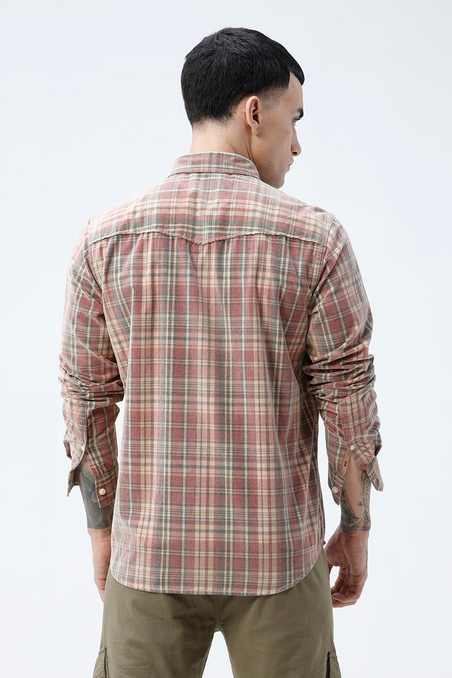 BASICS SLIM FIT SALSA BEIGE COTTON CORDUROY CHECKS SHIRT