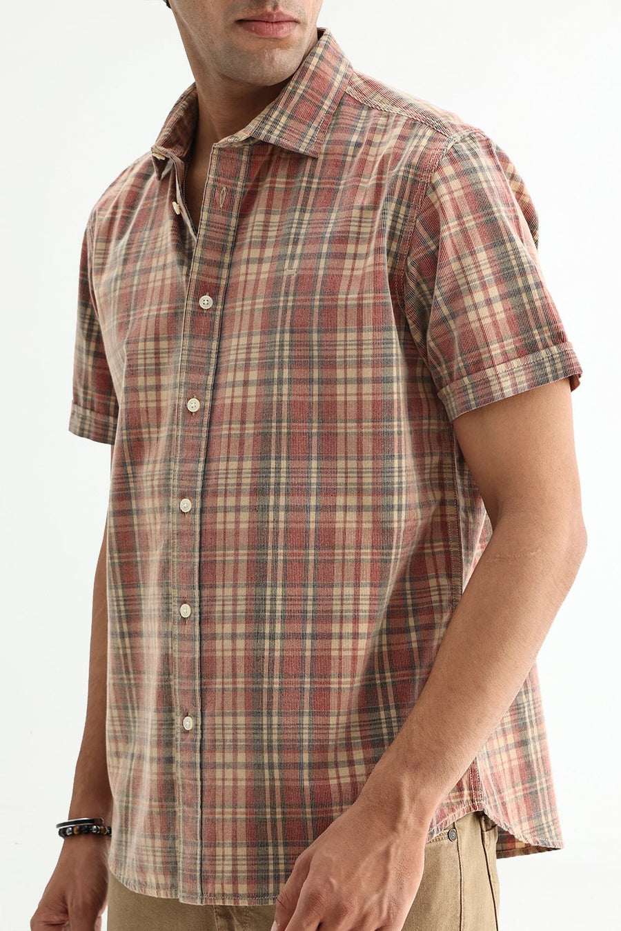 BASICS SLIM FIT SALSA BEIGE COTTON CORDUROY CHECKS SHIRT