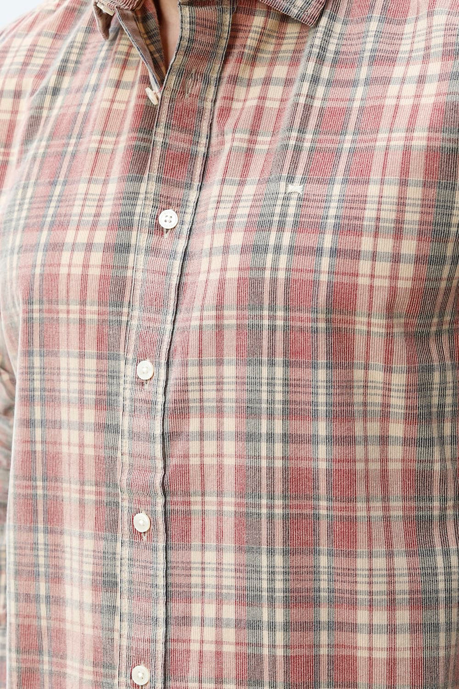 BASICS SLIM FIT SALSA BEIGE COTTON CORDUROY CHECKS SHIRT