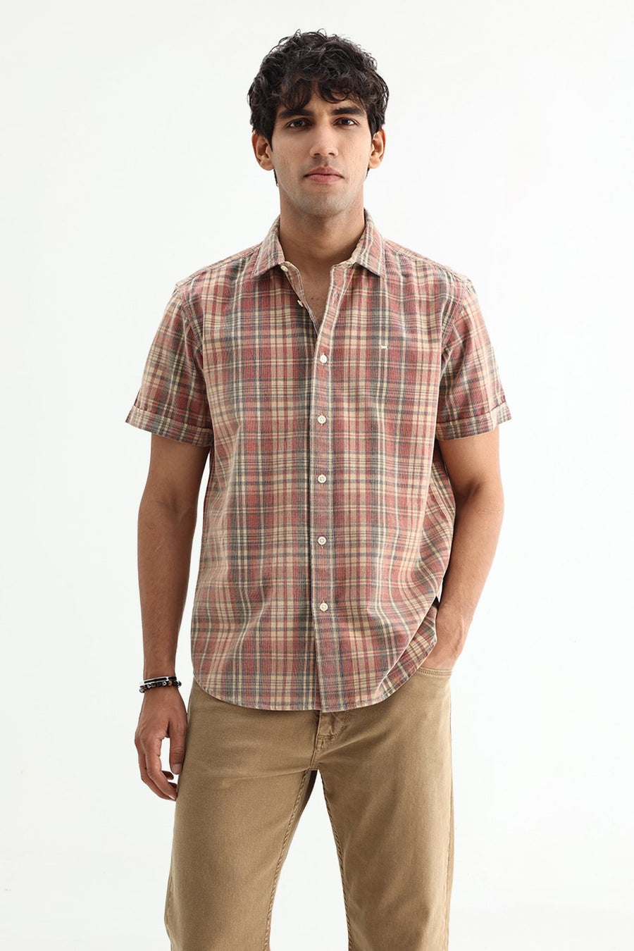 BASICS SLIM FIT SALSA BEIGE COTTON CORDUROY CHECKS SHIRT