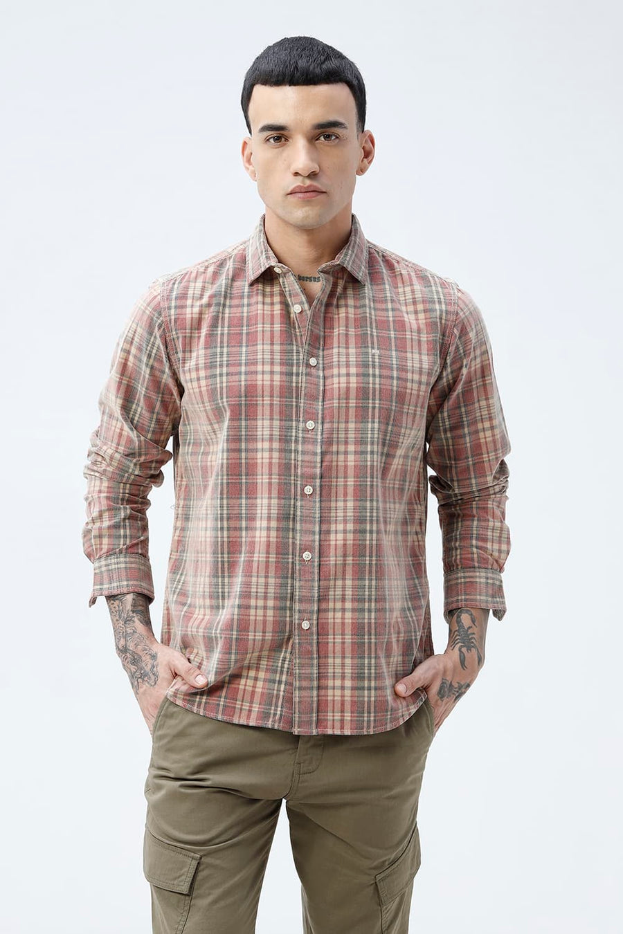 BASICS SLIM FIT SALSA BEIGE COTTON CORDUROY CHECKS SHIRT