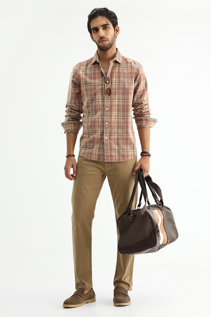 BASICS SLIM FIT SALSA BEIGE COTTON CORDUROY CHECKS SHIRT