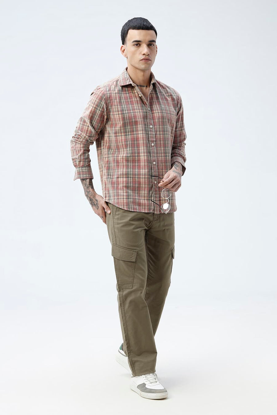 BASICS SLIM FIT SALSA BEIGE COTTON CORDUROY CHECKS SHIRT