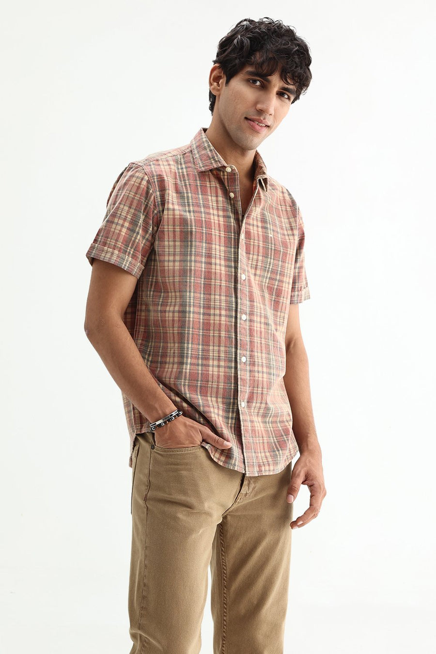 BASICS SLIM FIT SALSA BEIGE COTTON CORDUROY CHECKS SHIRT