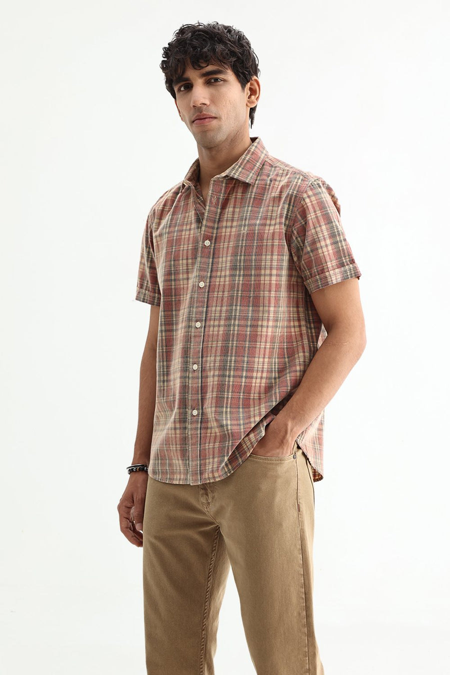 BASICS SLIM FIT SALSA BEIGE COTTON CORDUROY CHECKS SHIRT