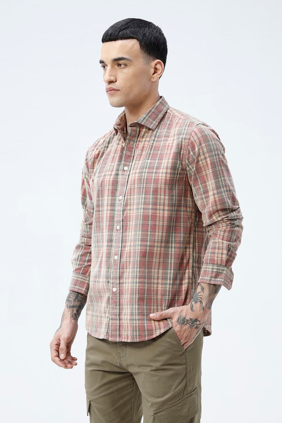 BASICS SLIM FIT SALSA BEIGE COTTON CORDUROY CHECKS SHIRT