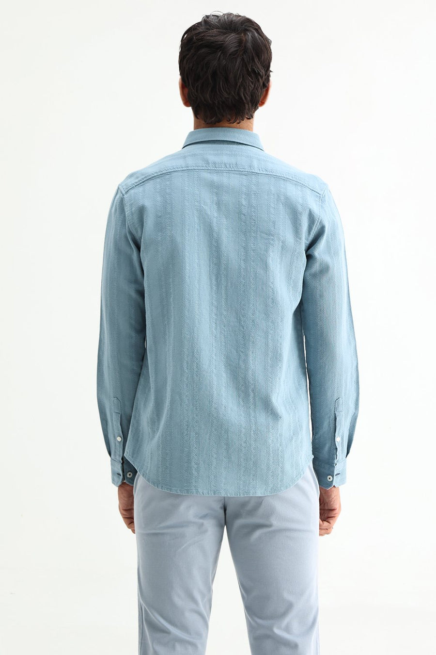BASICS SLIM FIT SEA BLUE COTTON LENO DOBBY SHIRT