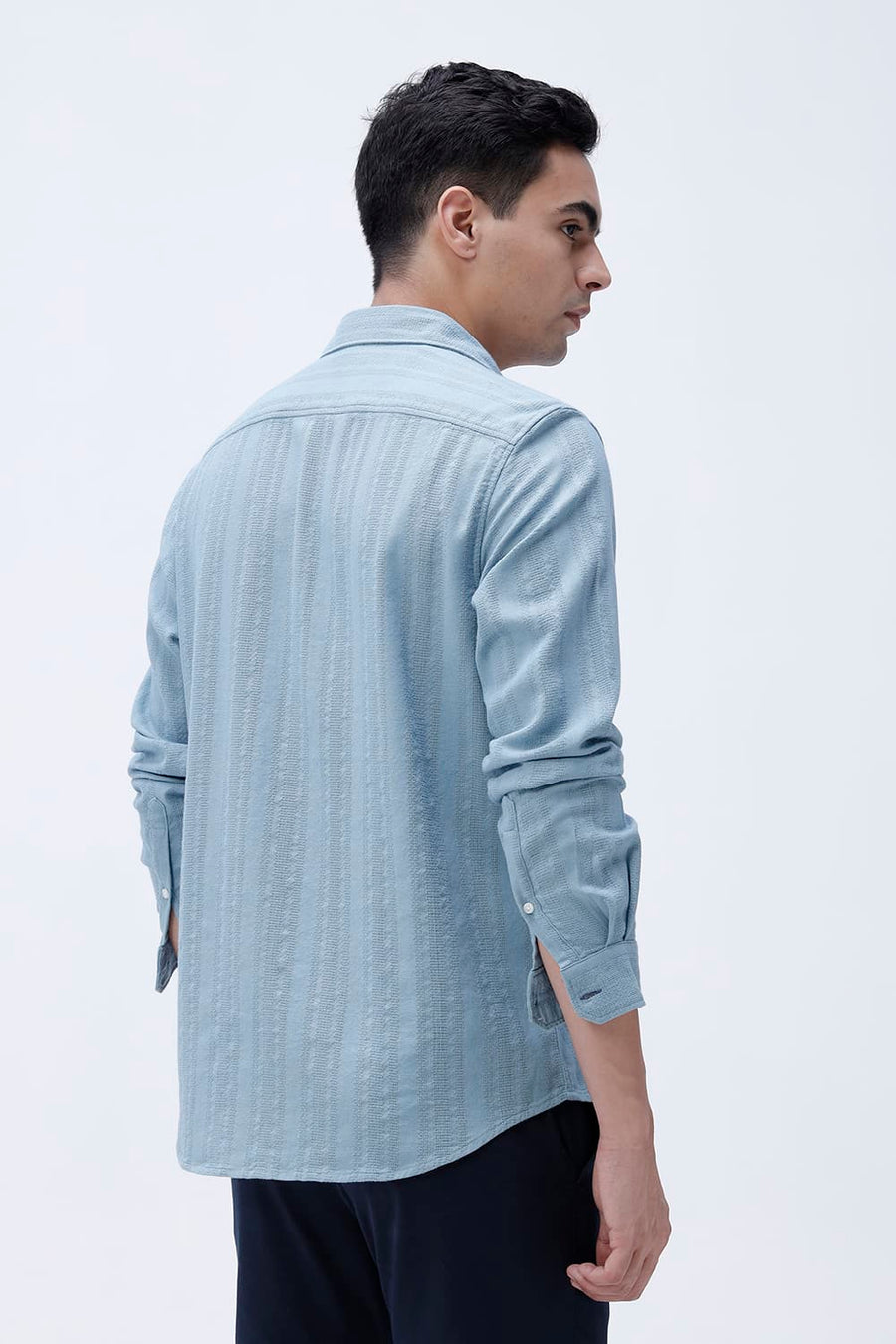 BASICS SLIM FIT SEA BLUE COTTON LENO DOBBY SHIRT