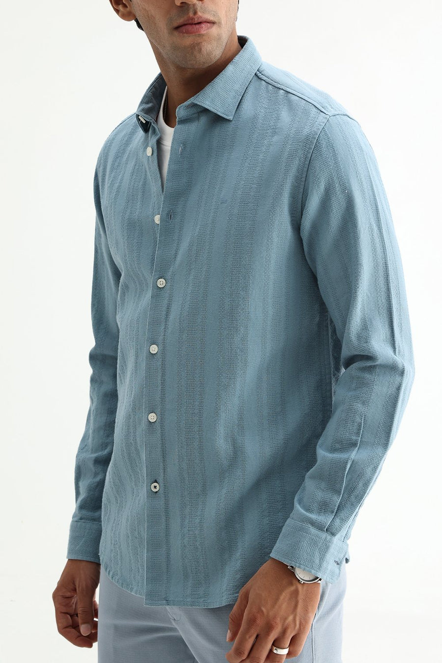 BASICS SLIM FIT SEA BLUE COTTON LENO DOBBY SHIRT