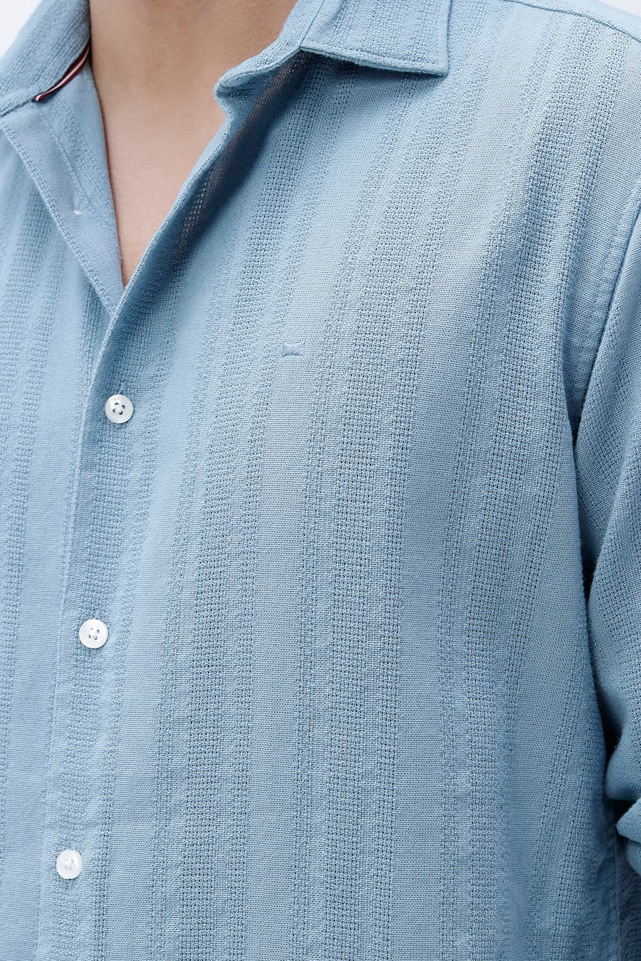 BASICS SLIM FIT SEA BLUE COTTON LENO DOBBY SHIRT