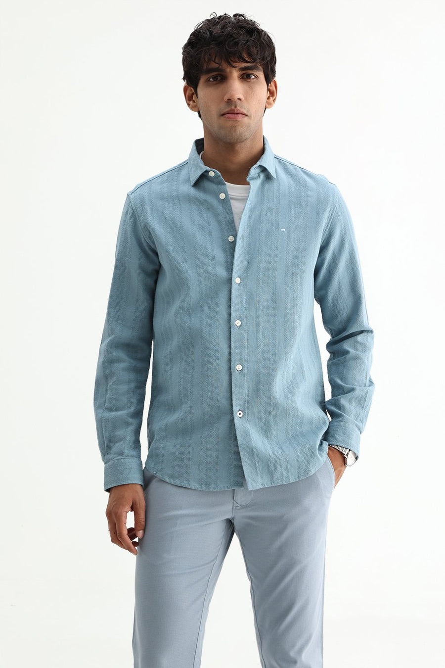 BASICS SLIM FIT SEA BLUE COTTON LENO DOBBY SHIRT