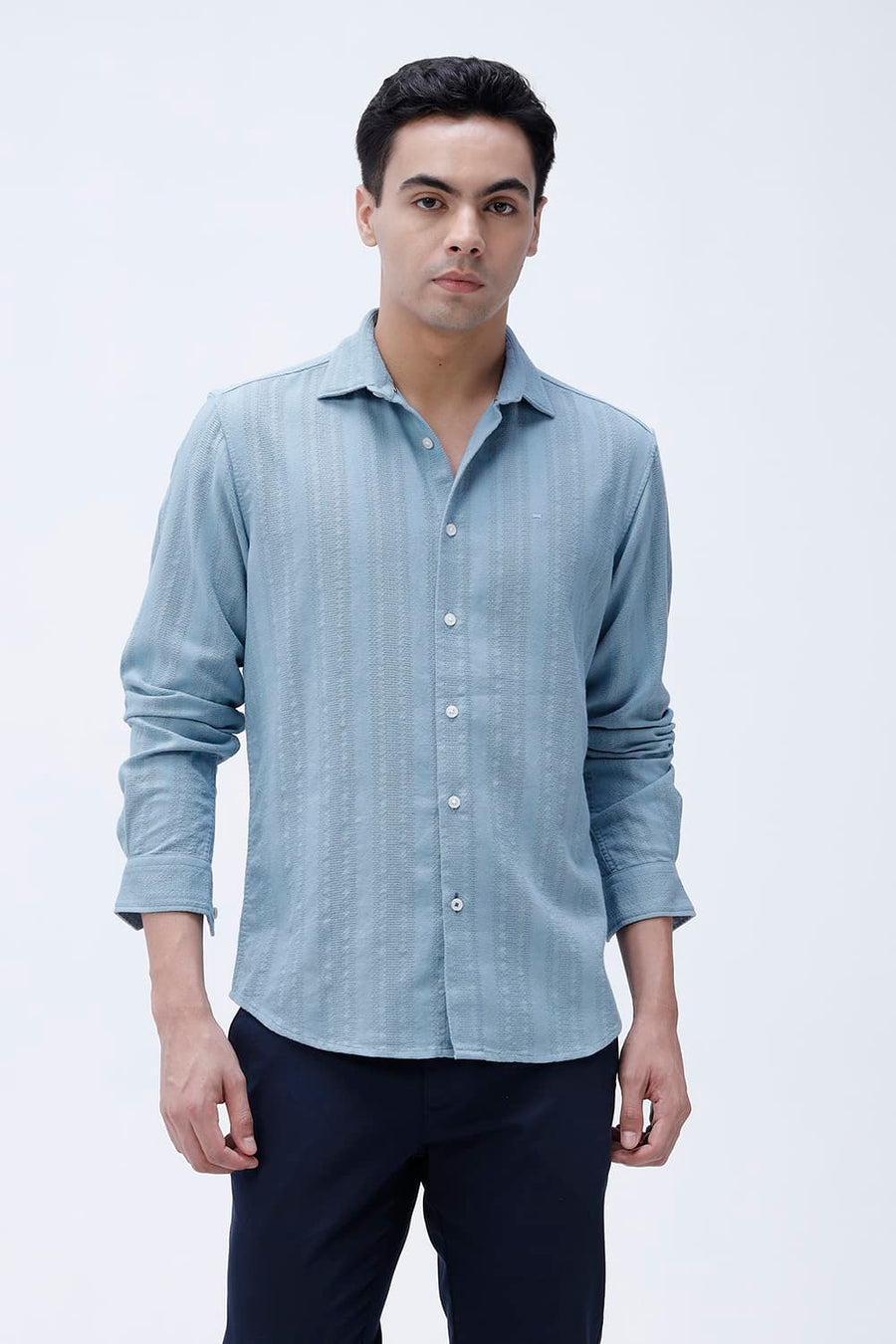 BASICS SLIM FIT SEA BLUE COTTON LENO DOBBY SHIRT