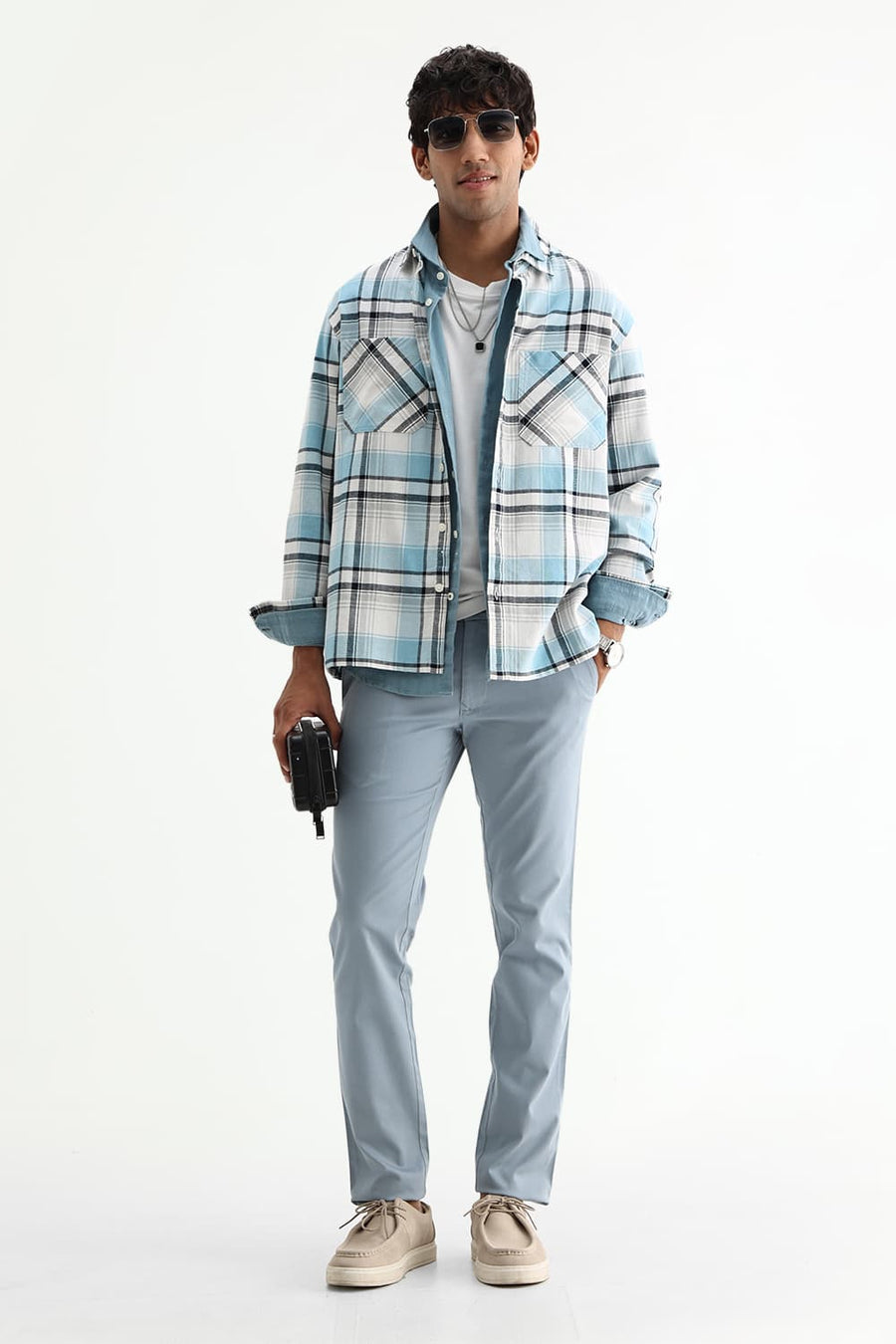 BASICS SLIM FIT SEA BLUE COTTON LENO DOBBY SHIRT