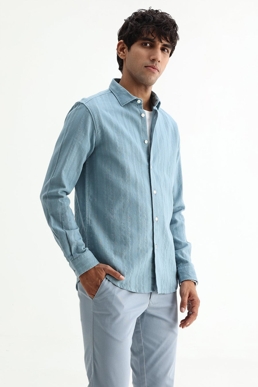 BASICS SLIM FIT SEA BLUE COTTON LENO DOBBY SHIRT