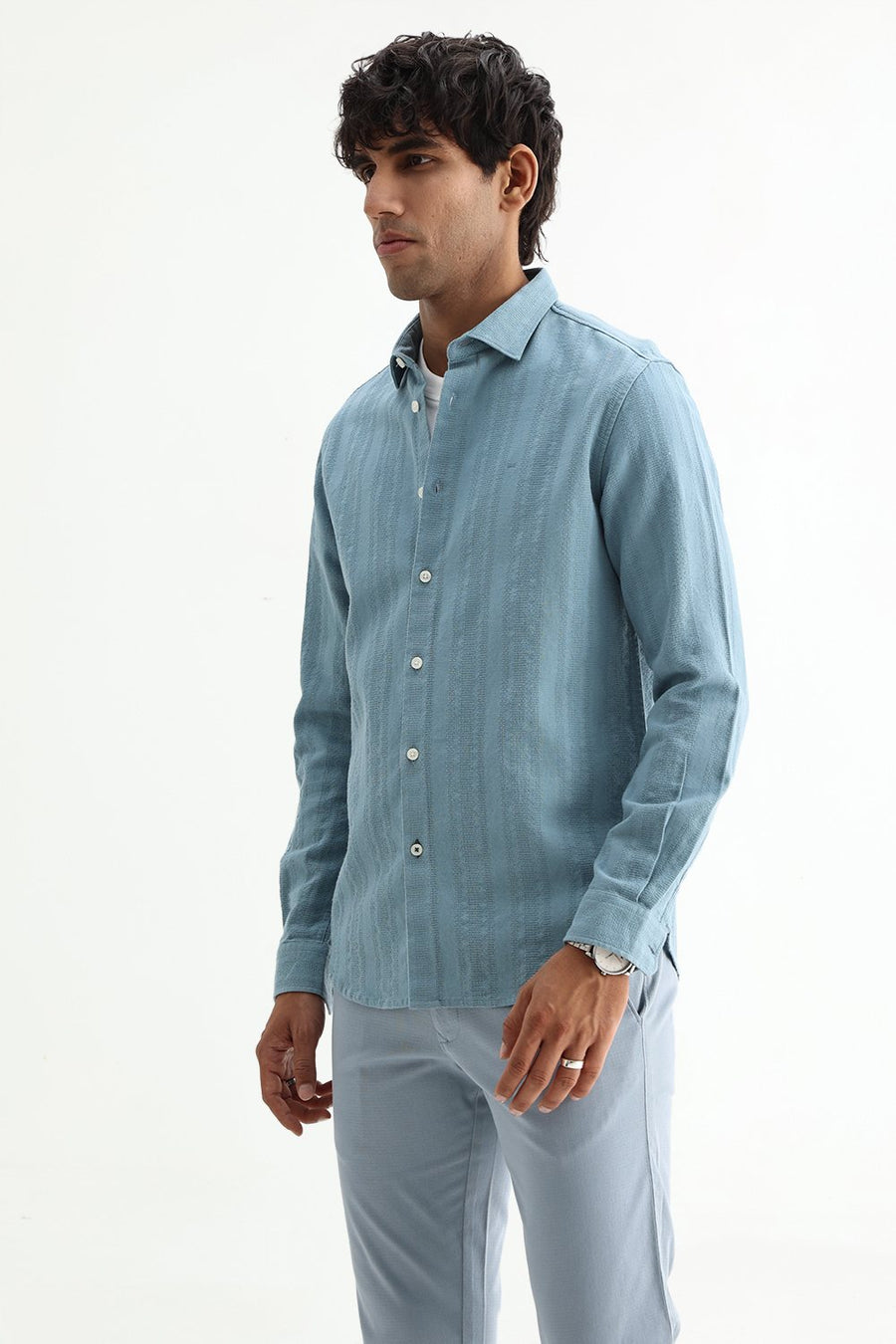 BASICS SLIM FIT SEA BLUE COTTON LENO DOBBY SHIRT