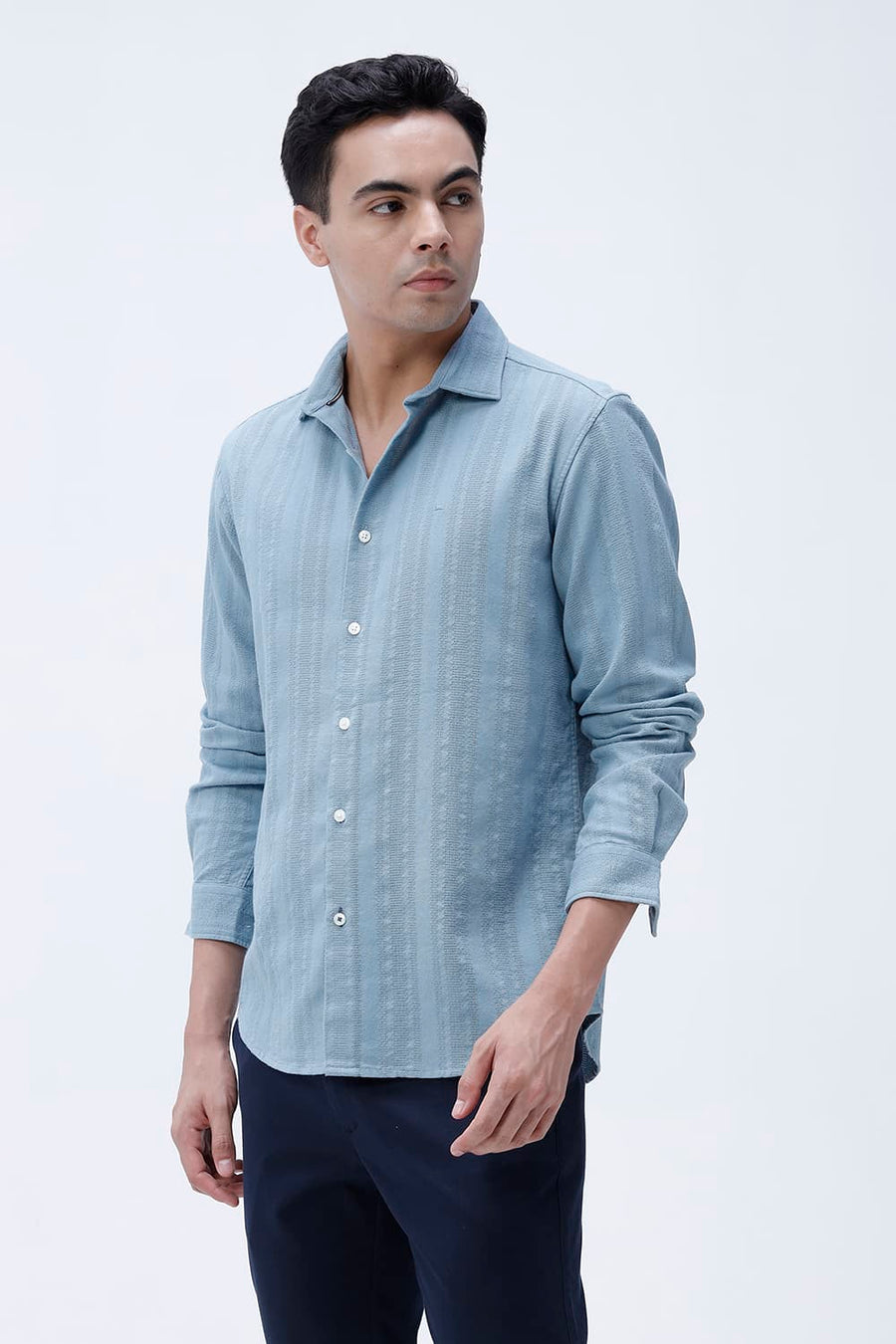 BASICS SLIM FIT SEA BLUE COTTON LENO DOBBY SHIRT