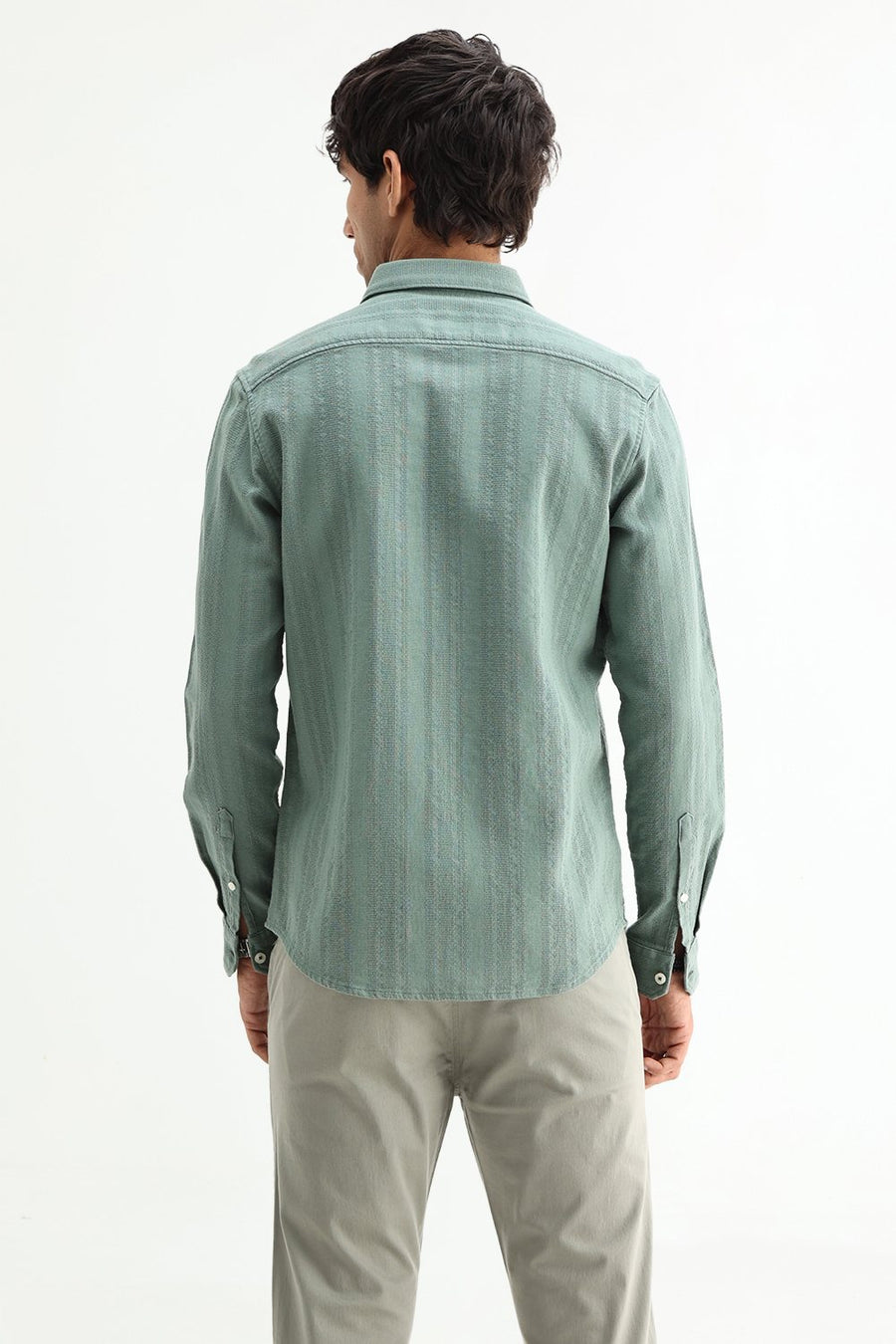 BASICS SLIM FIT TRELLIS GREEN COTTON LENO DOBBY SHIRT