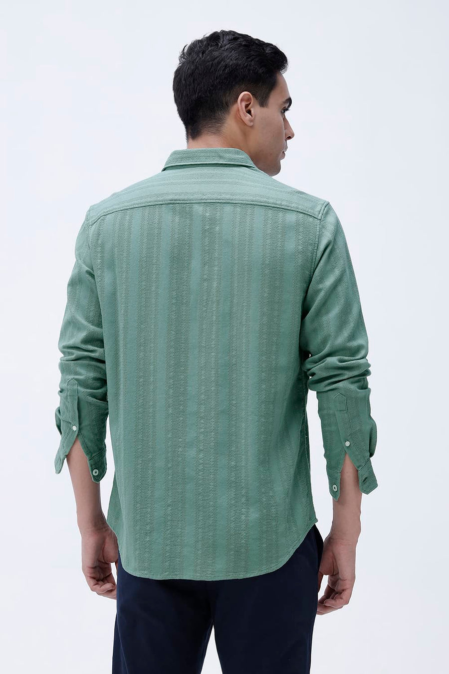 BASICS SLIM FIT TRELLIS GREEN COTTON LENO DOBBY SHIRT