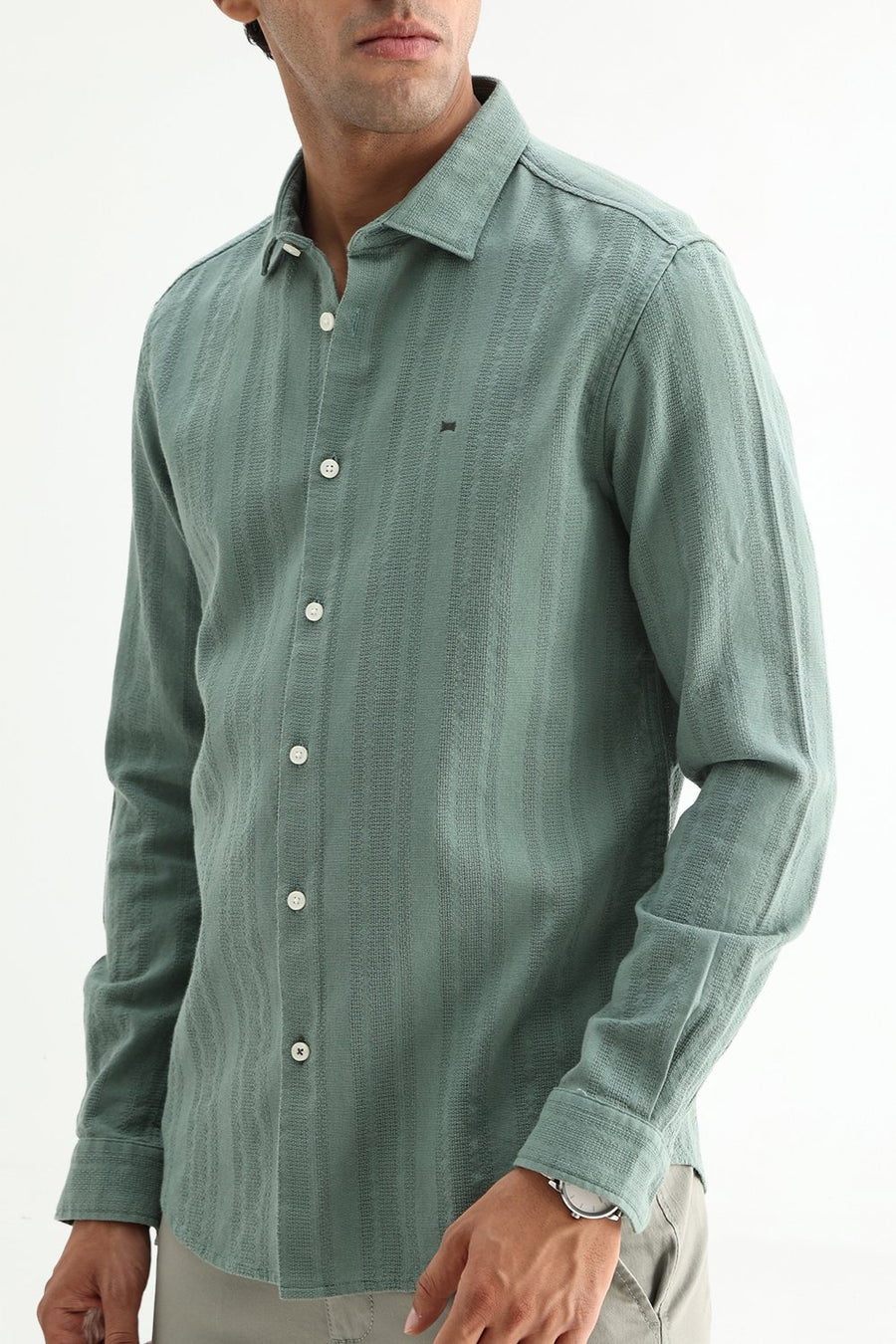 BASICS SLIM FIT TRELLIS GREEN COTTON LENO DOBBY SHIRT