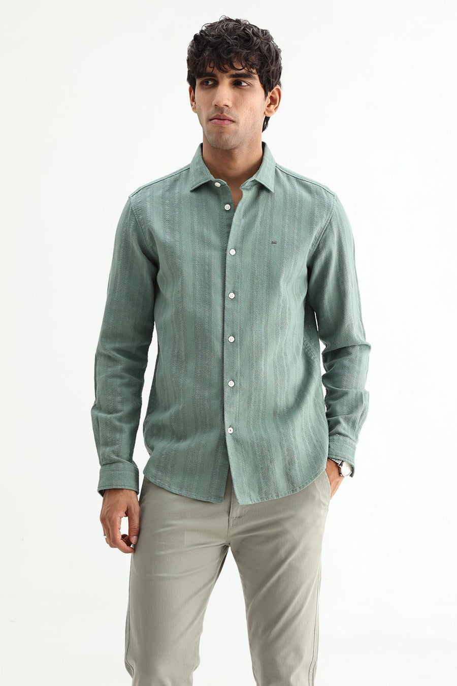BASICS SLIM FIT TRELLIS GREEN COTTON LENO DOBBY SHIRT