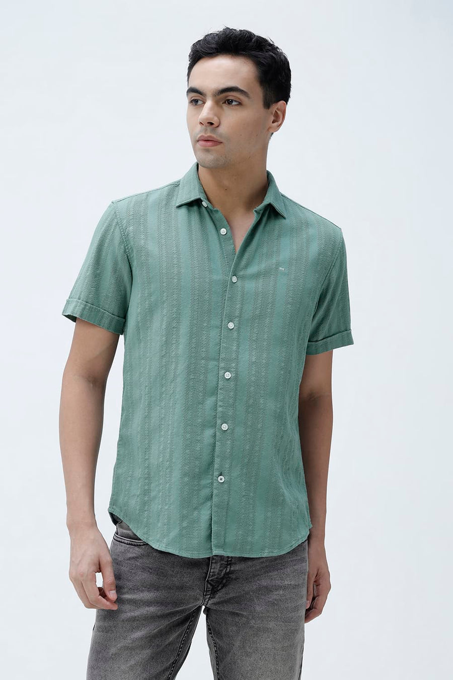 BASICS SLIM FIT TRELLIS GREEN COTTON LENO DOBBY HALFSLEEVES SHIRT